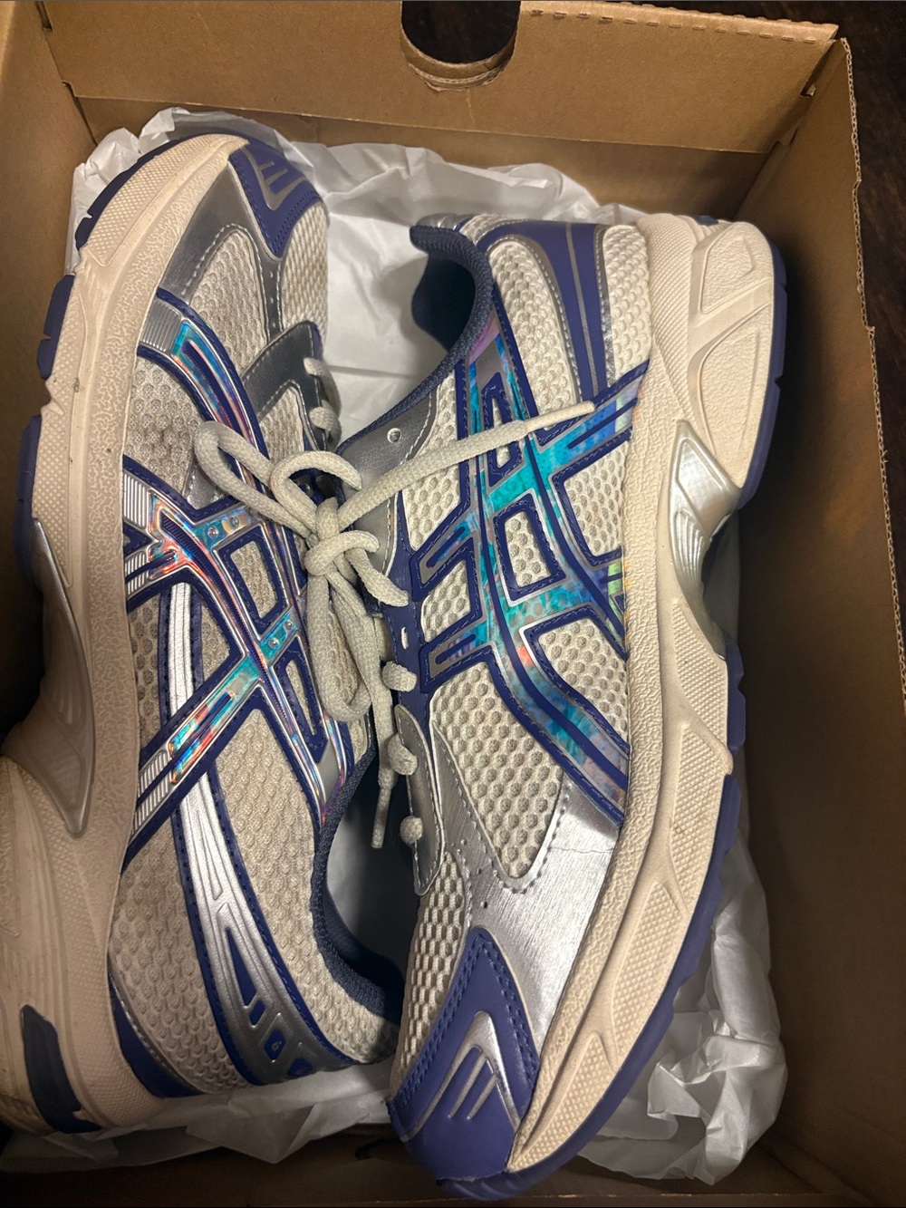 ASICS Women's Athletic Sneakers - White with Blue and Iridescent Accents